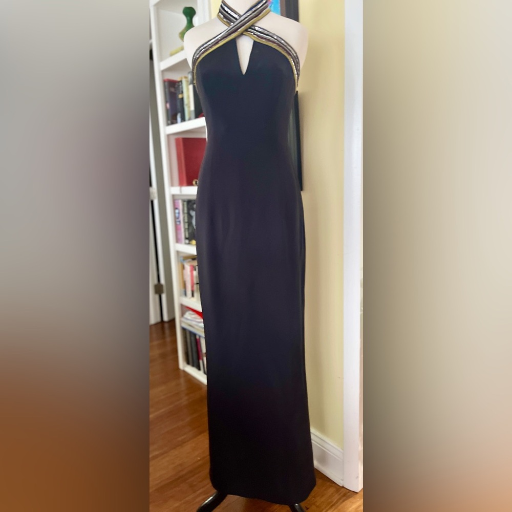 ESCADA Dress Formal Gown Black Sequin Stripe Trim Twist Halter Neck SZ 34/4 - Picture 7 of 16